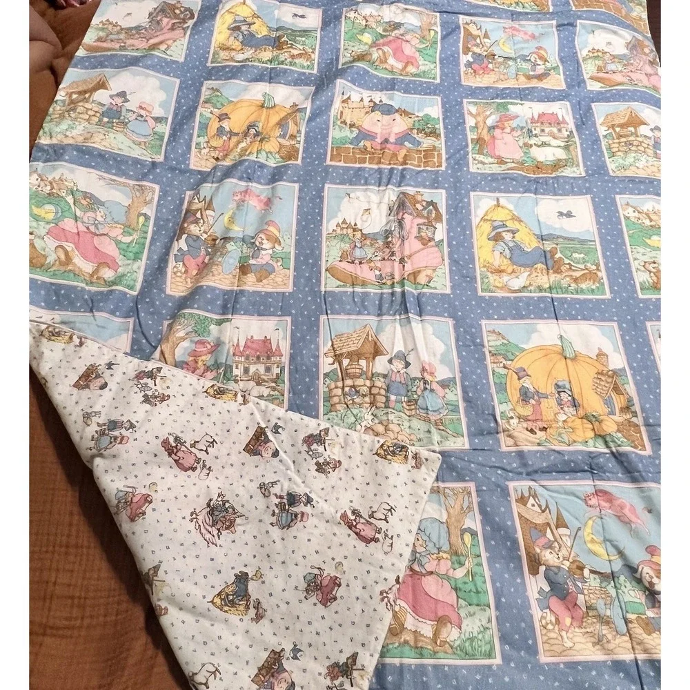 Vintage Mother Goose Nursery Rhyme Baby Quilt Crib Blanket Throw 66X41 Patchwork